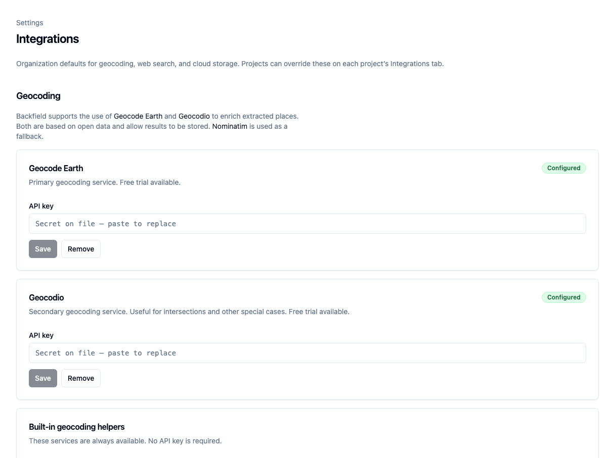 Configured geocoding services in the Tutorial Organization
