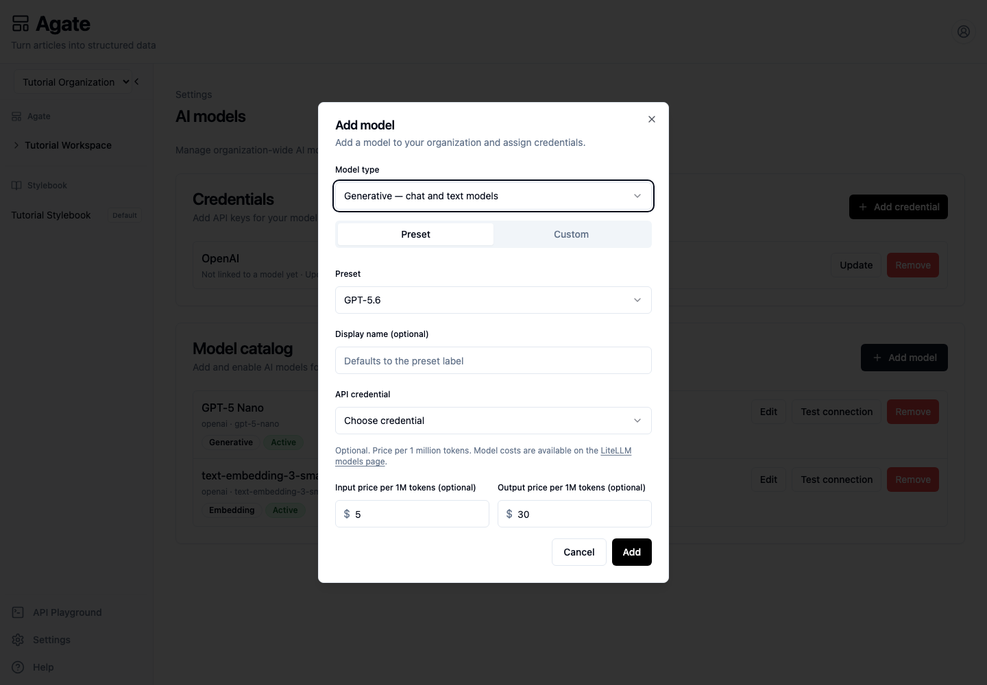 Adding a model and selecting its credential