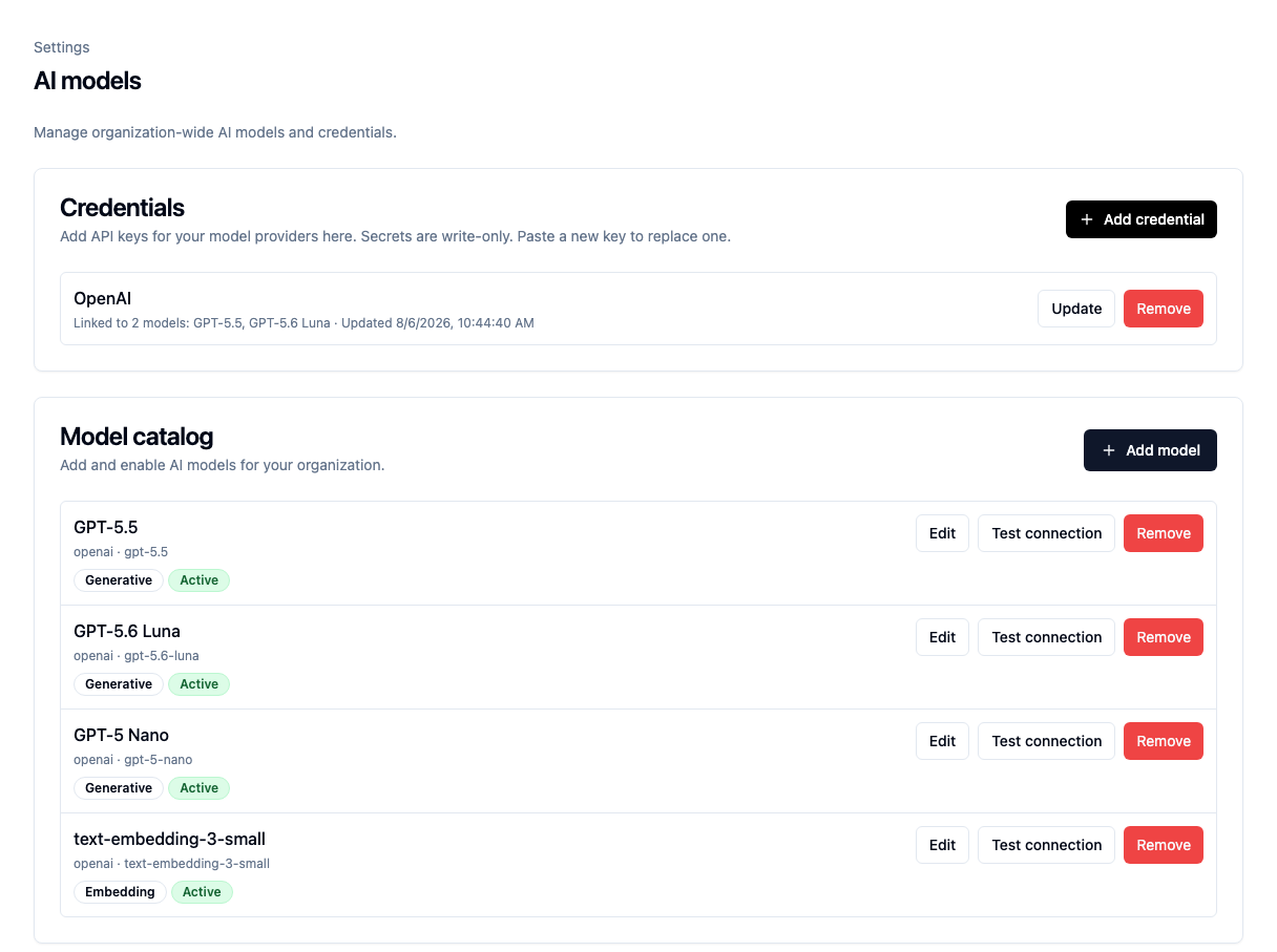 AI credentials and models in the Tutorial Organization