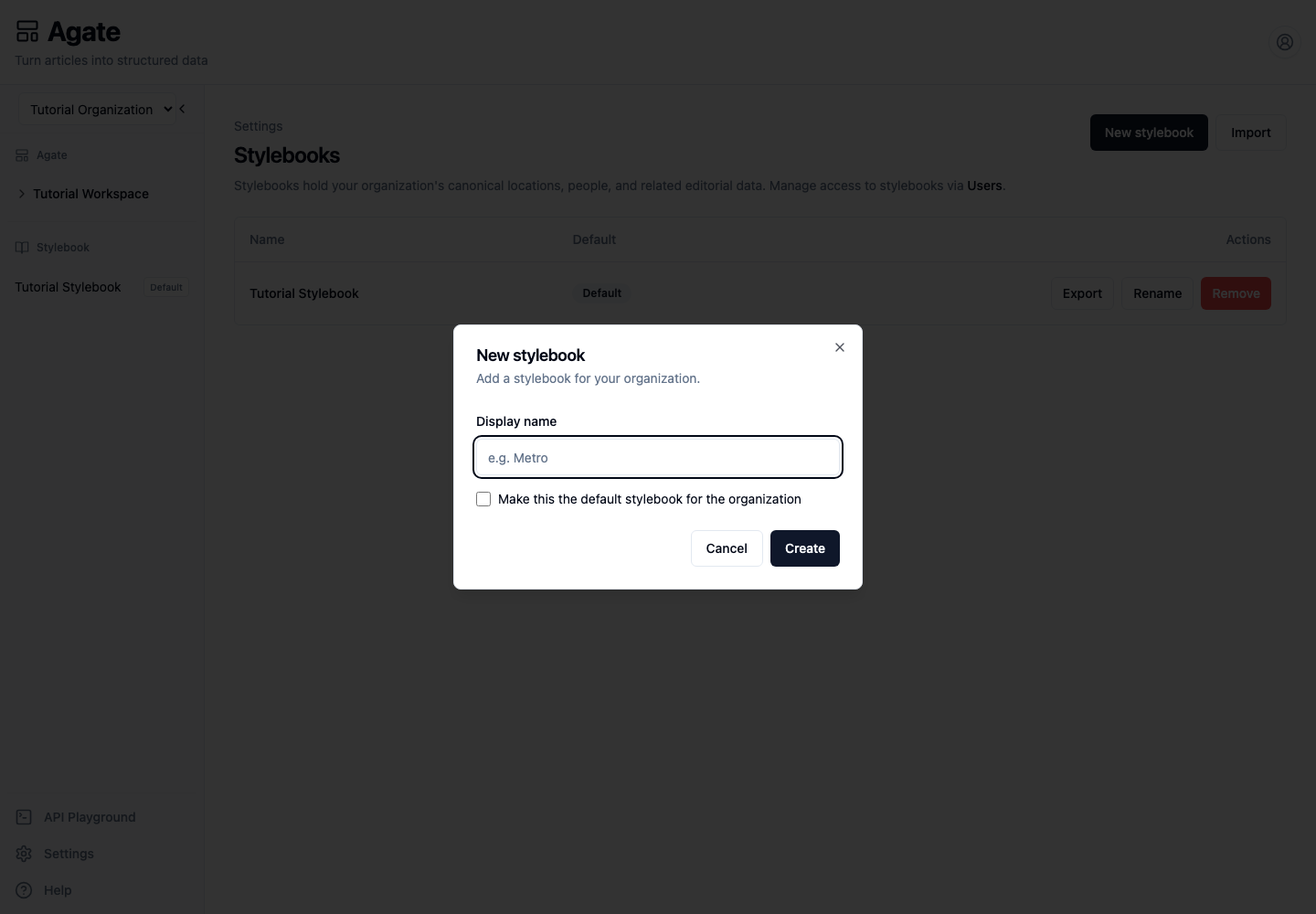 Creating another Stylebook in the Tutorial Organization