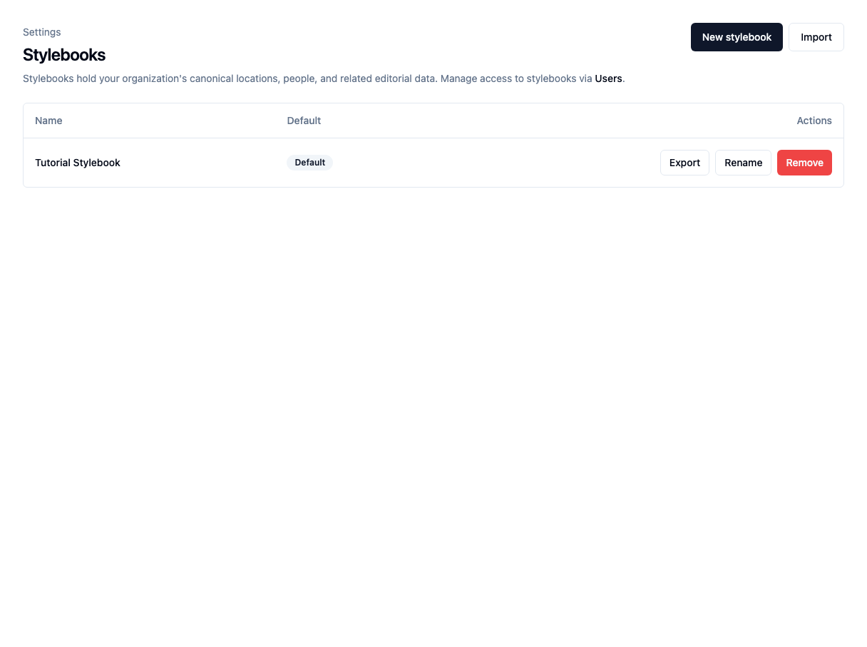 The Tutorial Stylebook in organization settings
