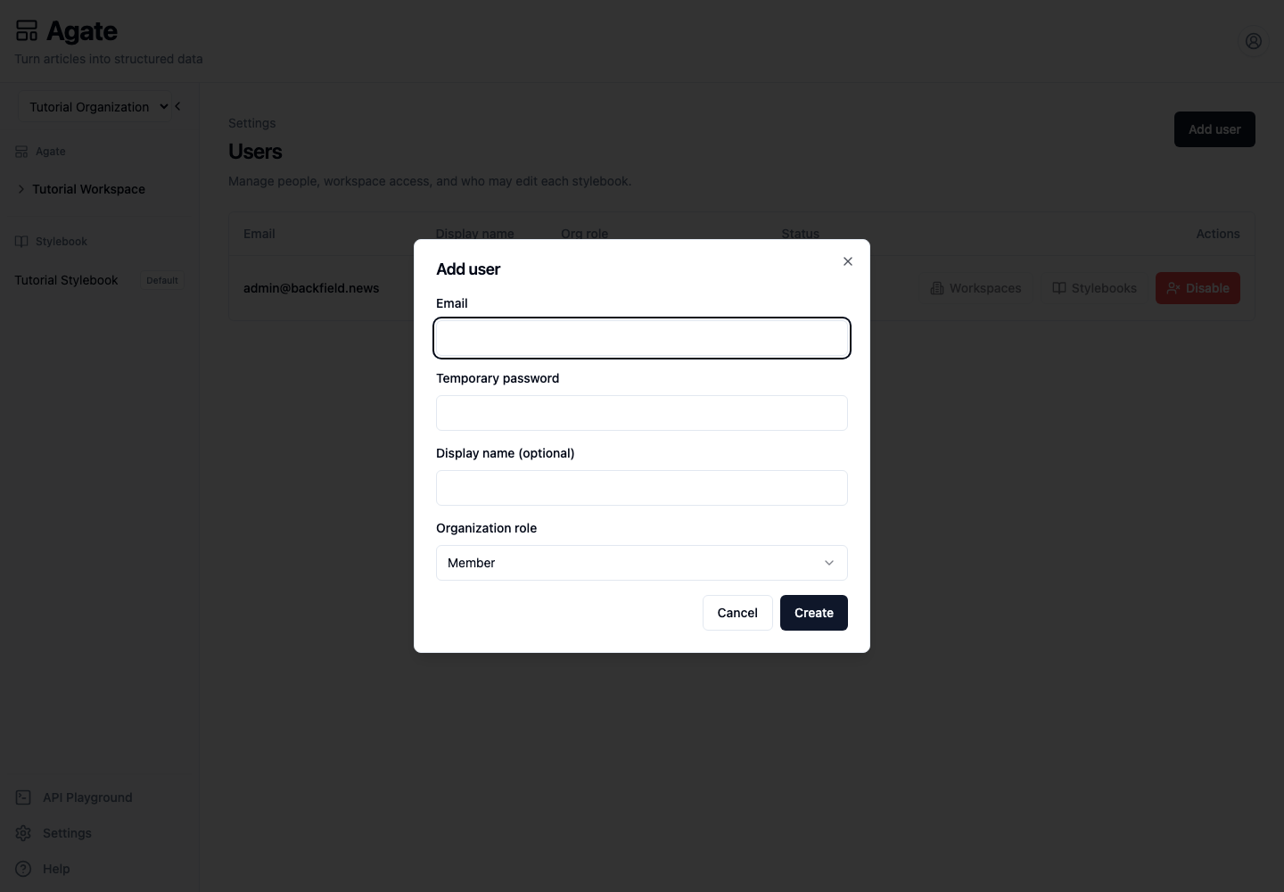 The Add user dialog in the Tutorial Organization