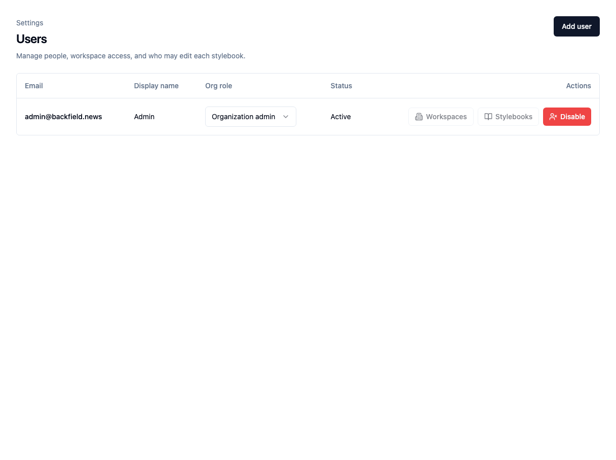The Users page in the Tutorial Organization