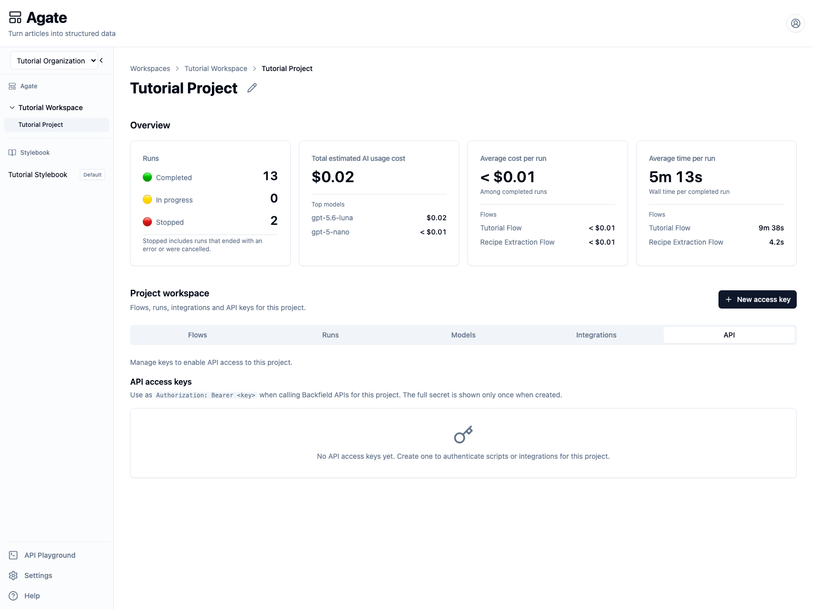 Tutorial Project API tab before creating a key