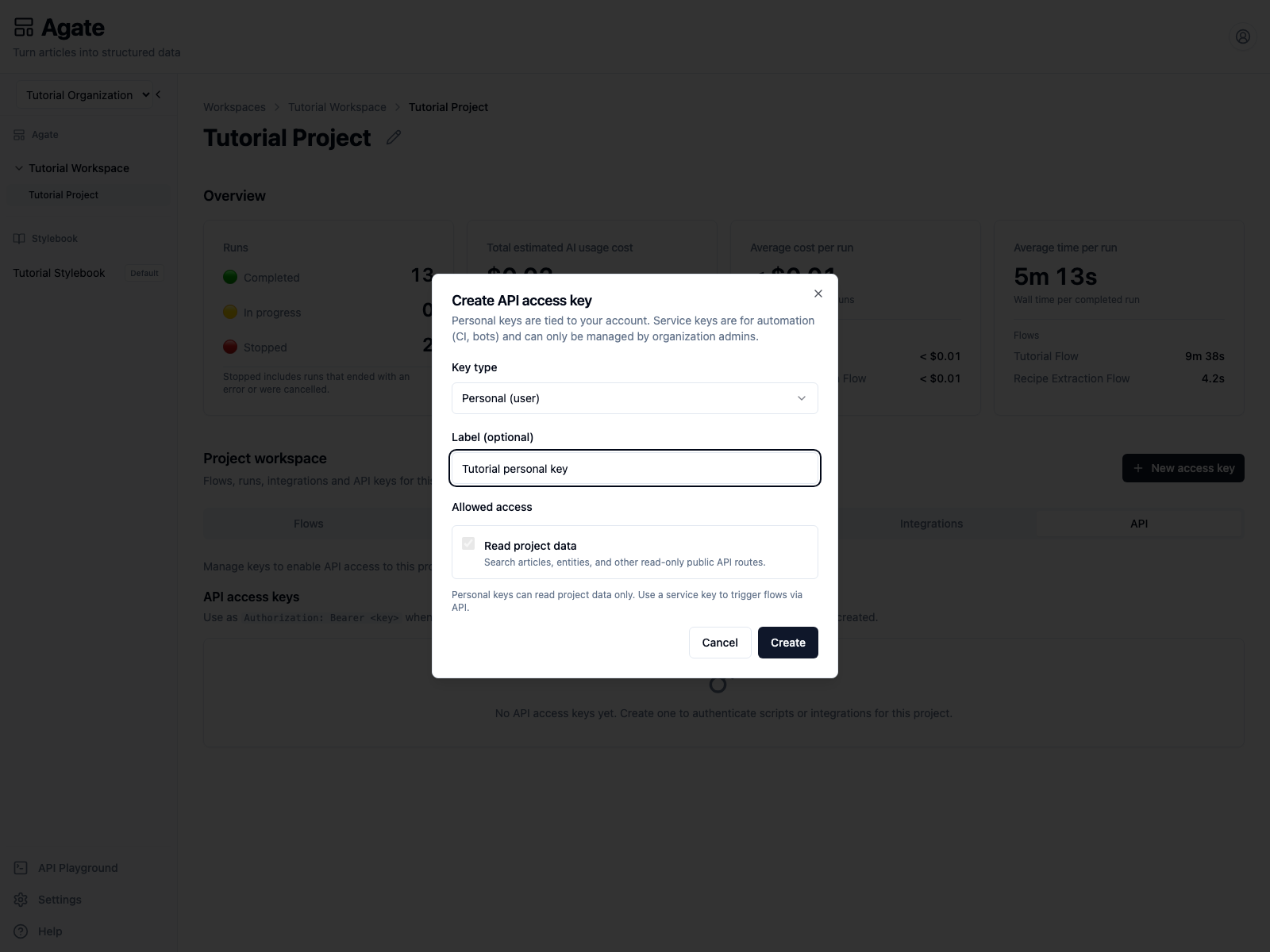 Personal API key creation form