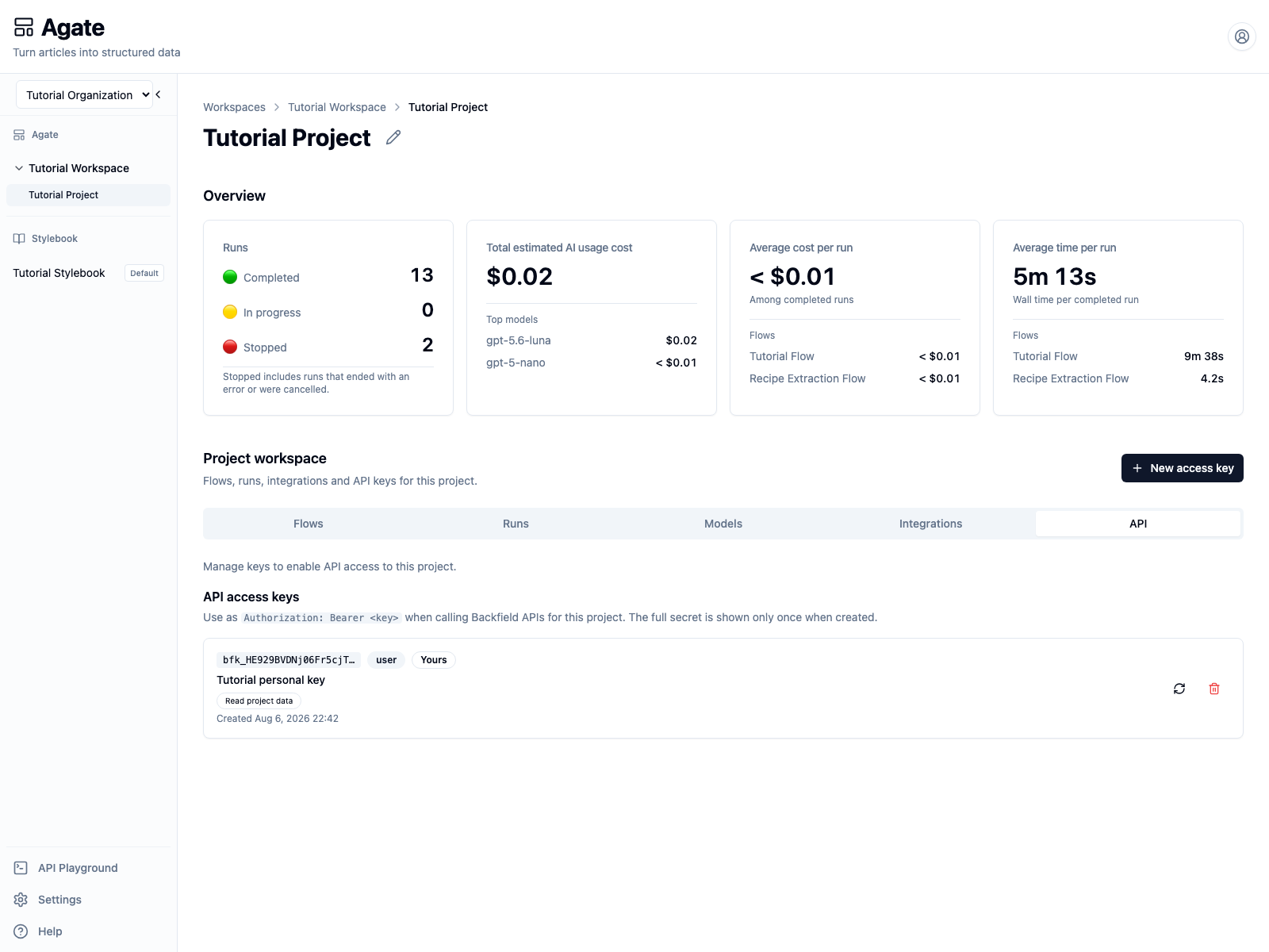 Active personal key in Tutorial Project