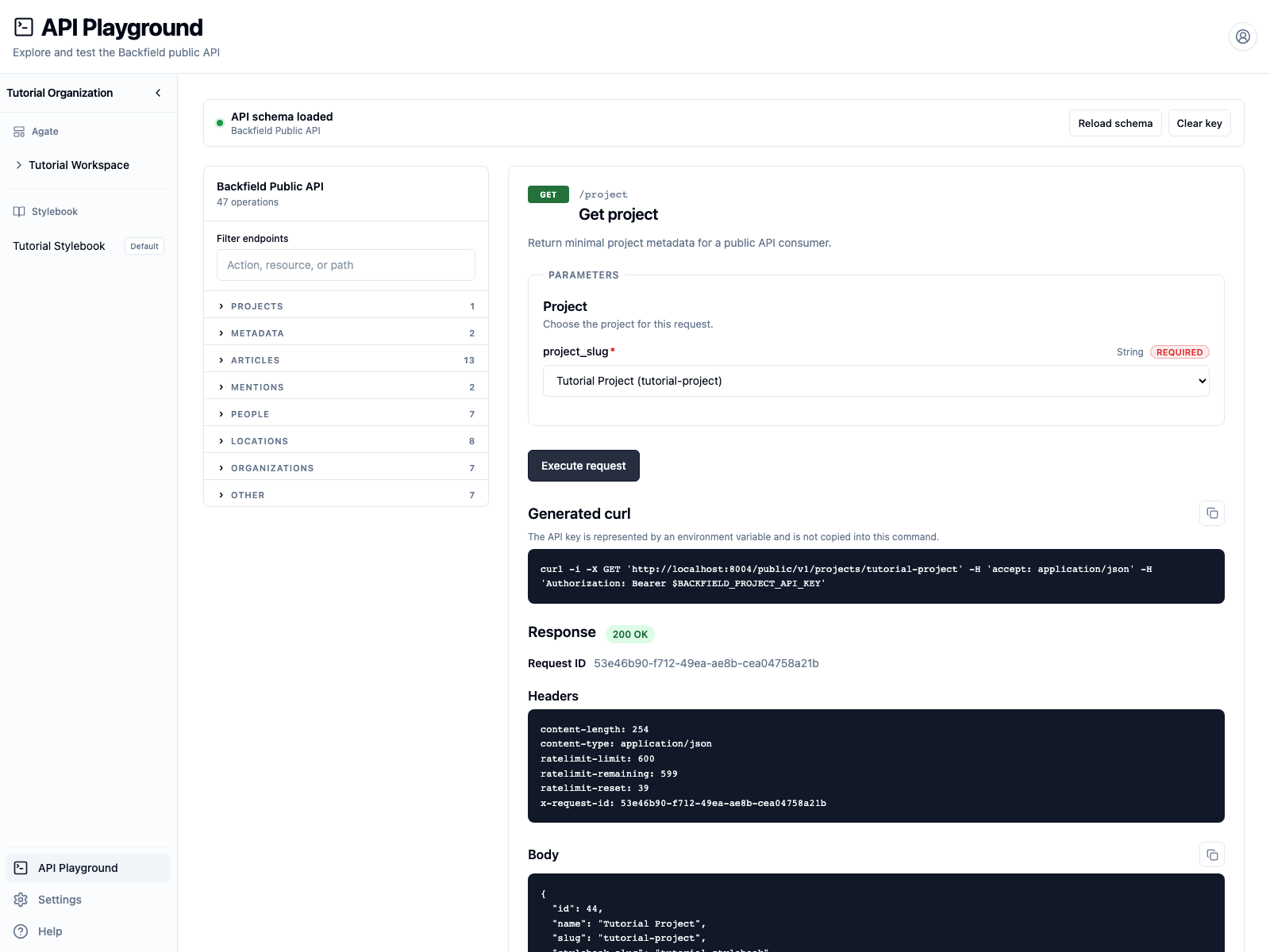 A successful Get project response