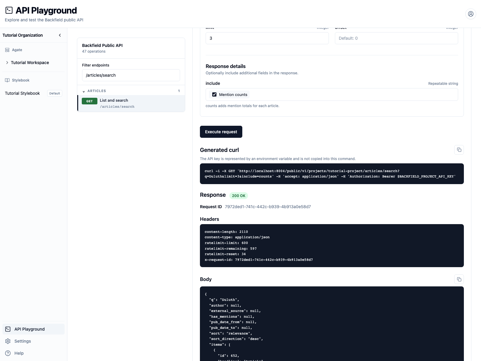 Duluth articles returned by the API Playground