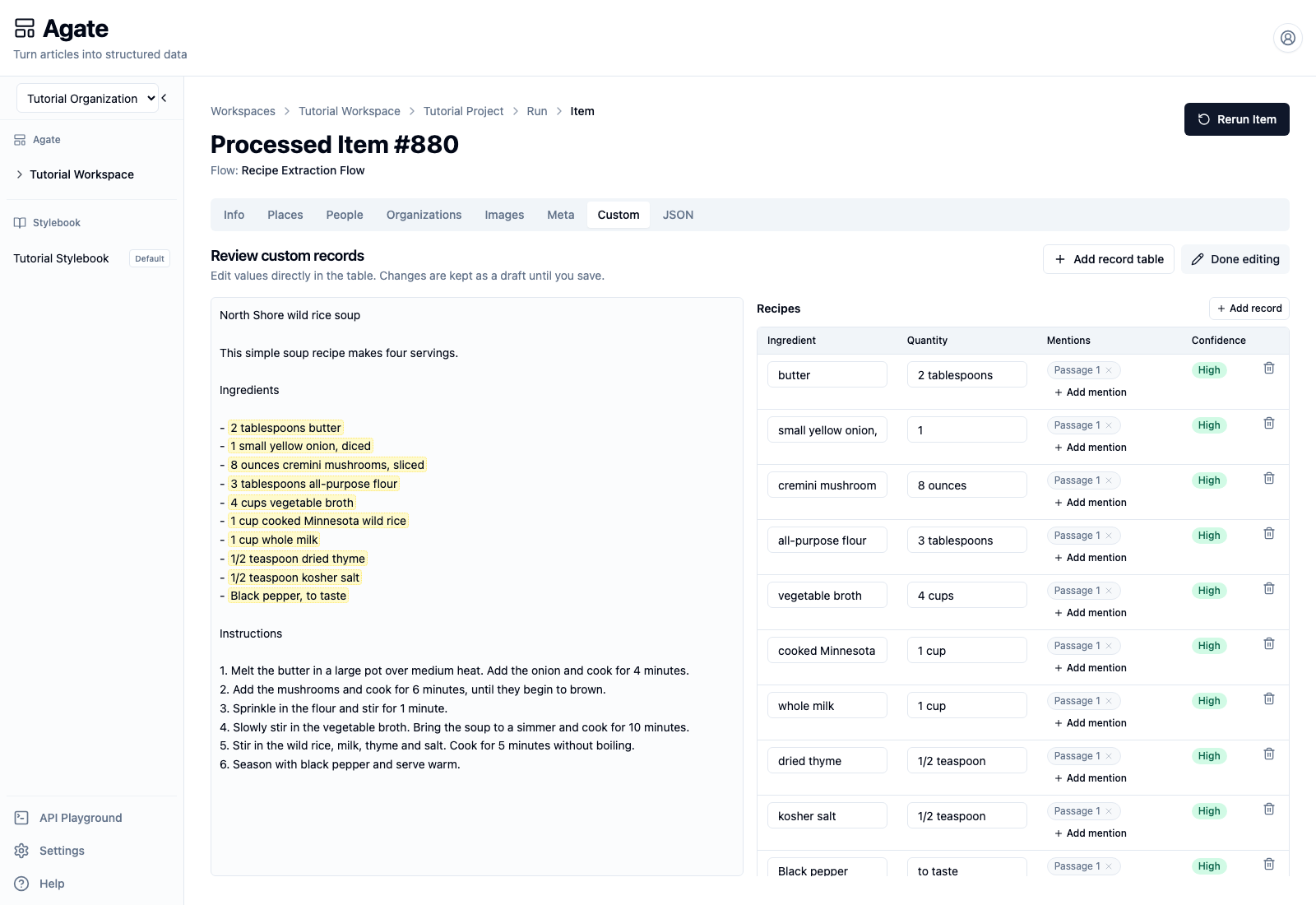Editing ingredient, quantity, and mention values