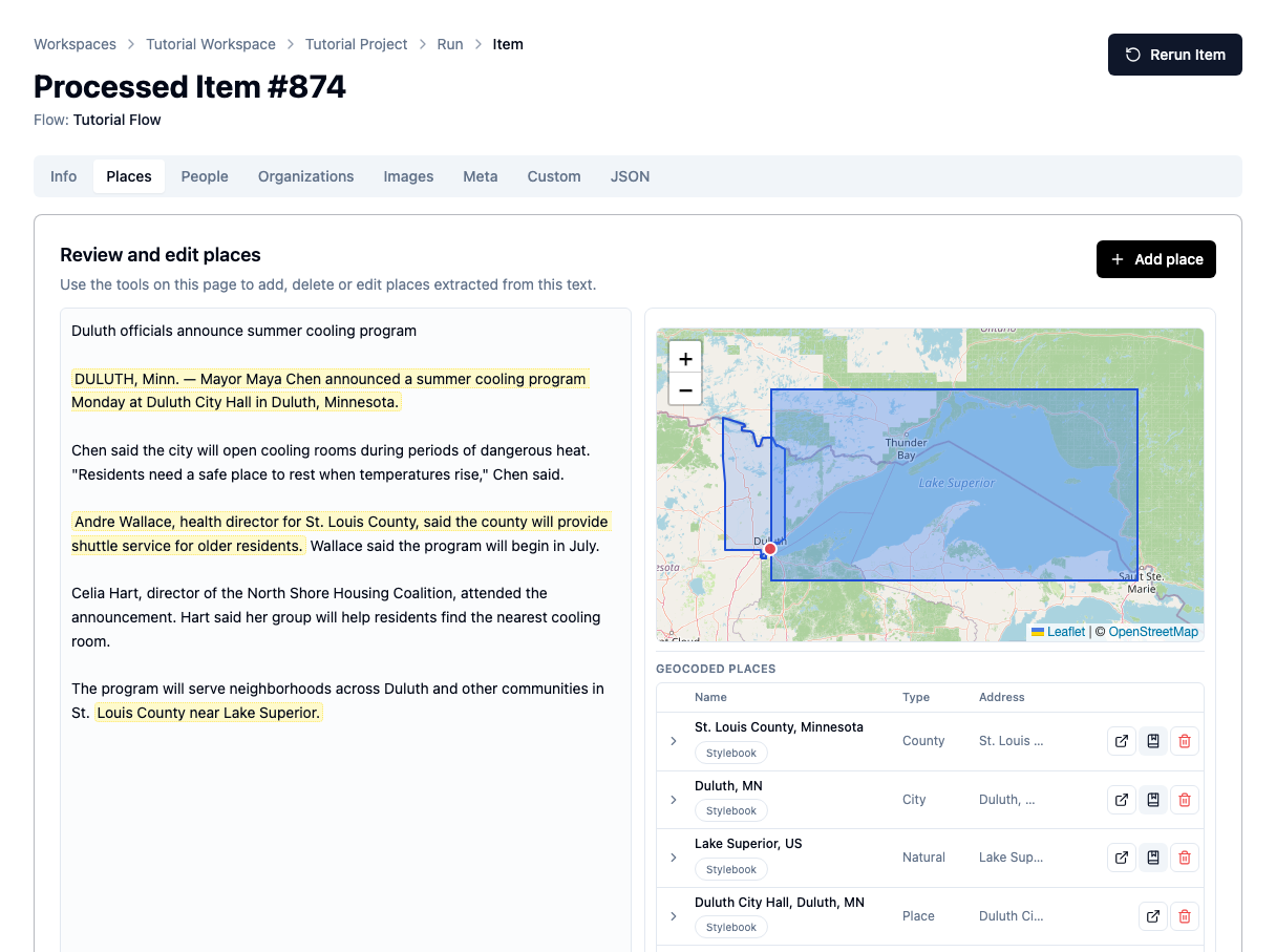 Extracted and geocoded places with their article evidence