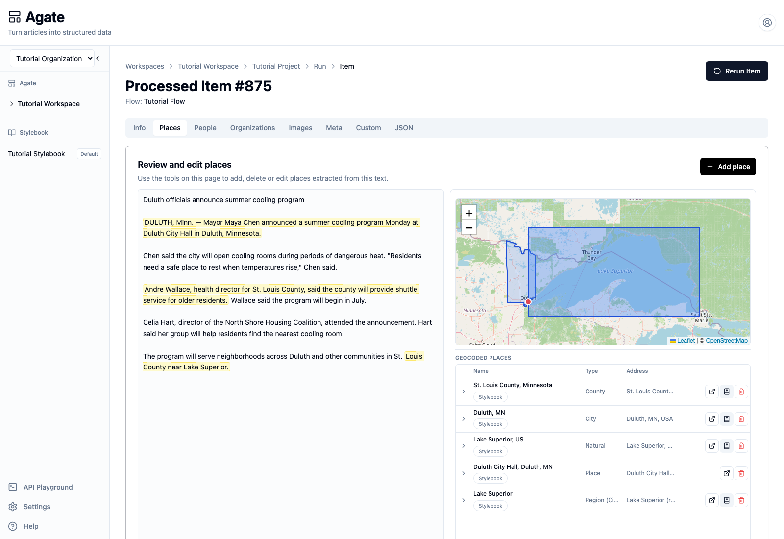 Duluth story with five geocoded place results