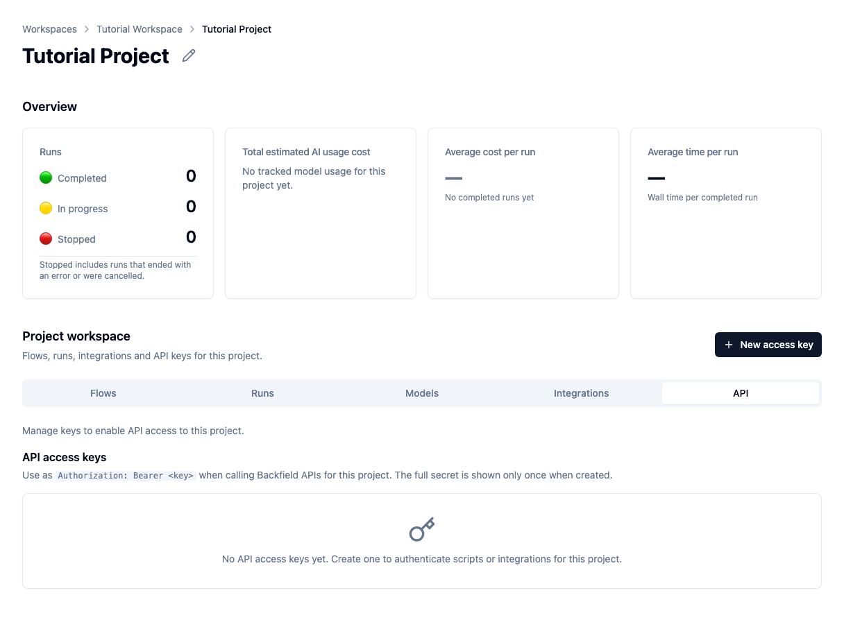 The empty API-key list in Tutorial Project