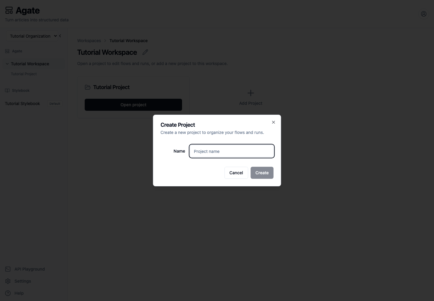 Creating a project inside Tutorial Workspace