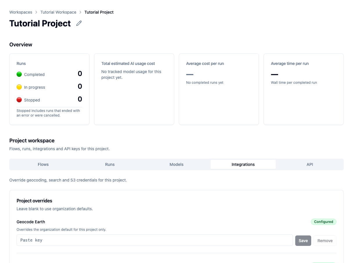 Tutorial Project integration settings