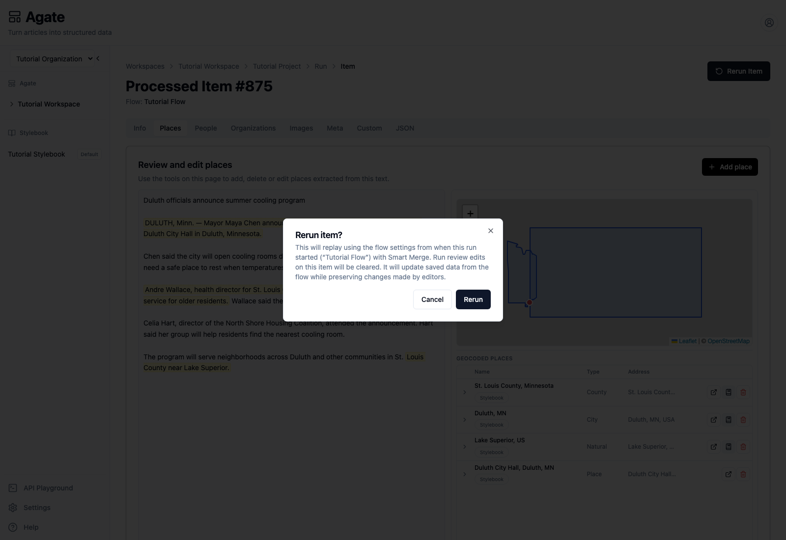 Rerun confirmation showing the flow snapshot and Smart Merge policy