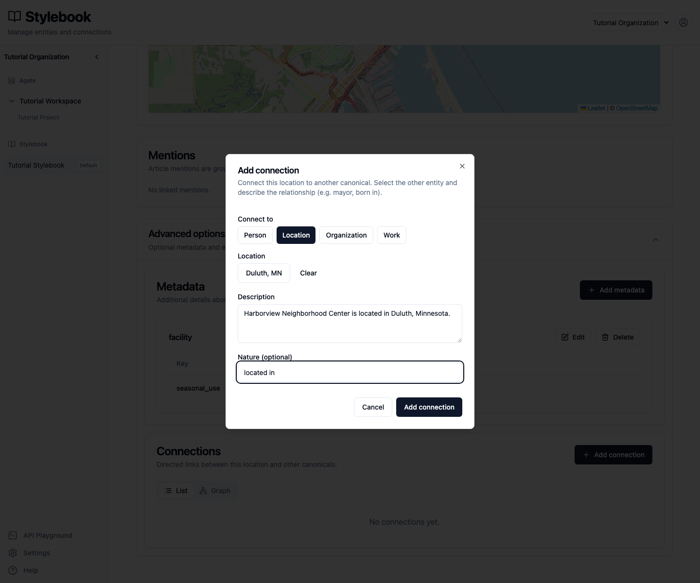Completed connection form with Duluth selected