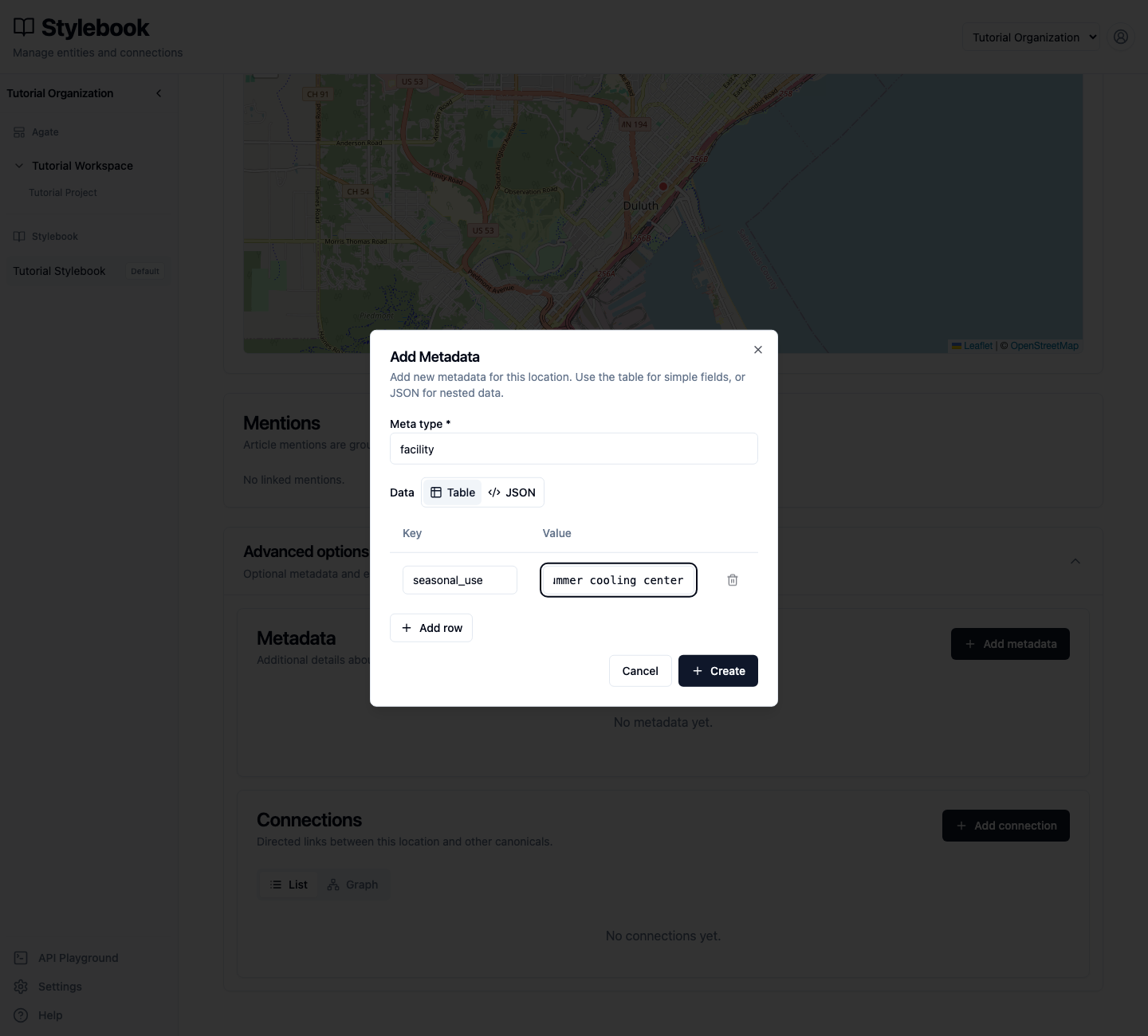 Adding structured metadata to the location