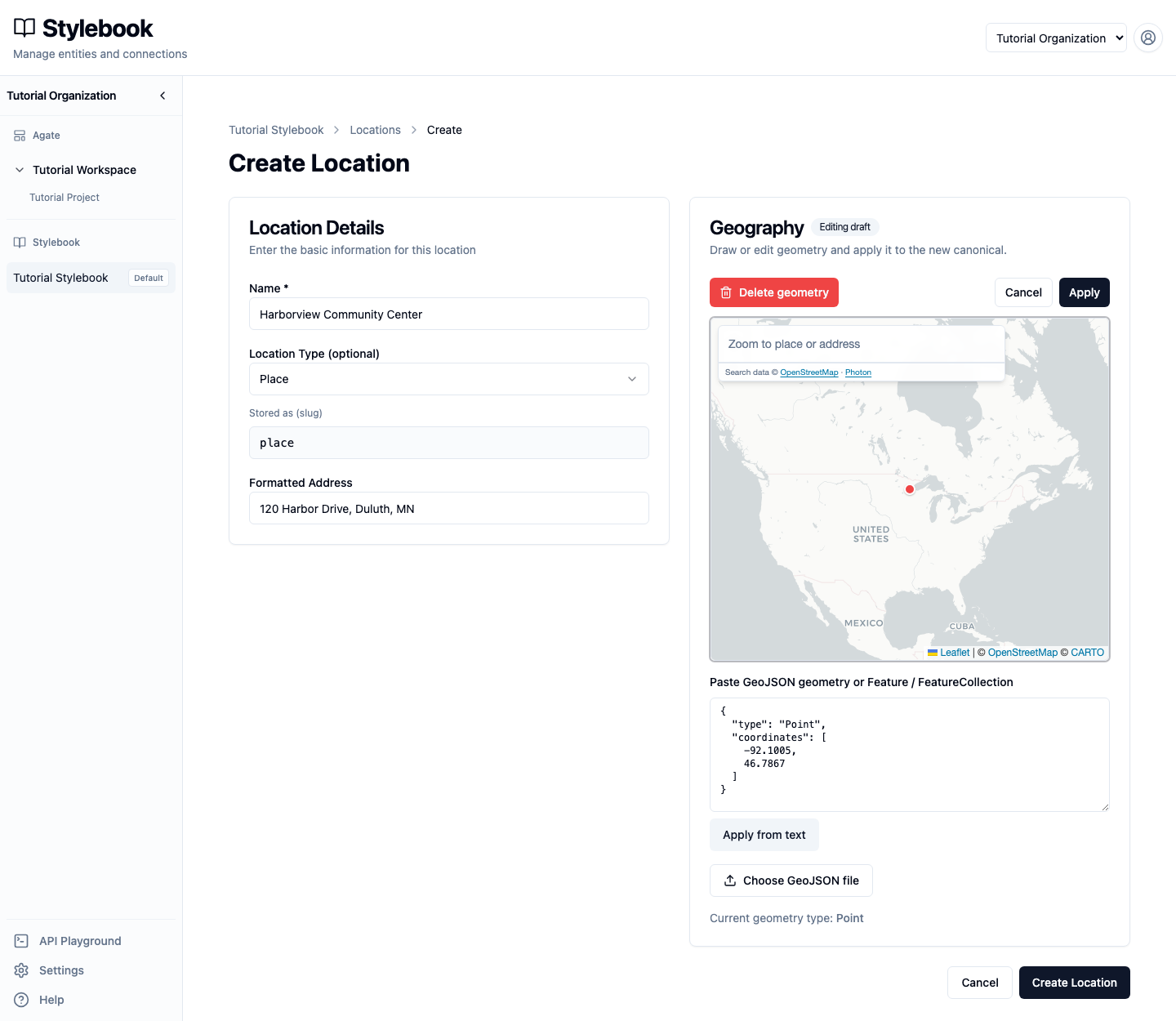New location with its type, address, and point geography