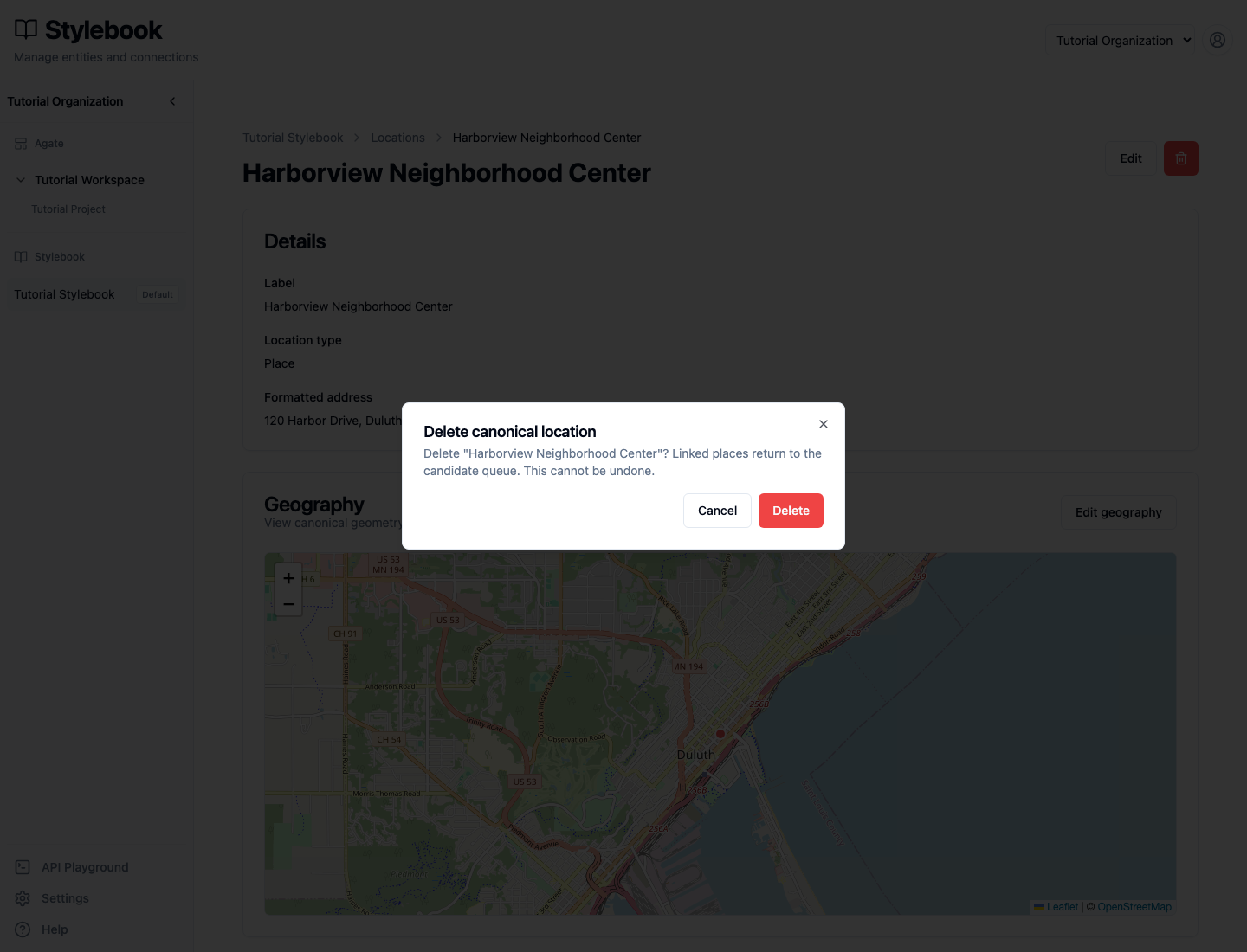 Deletion warning for a canonical location