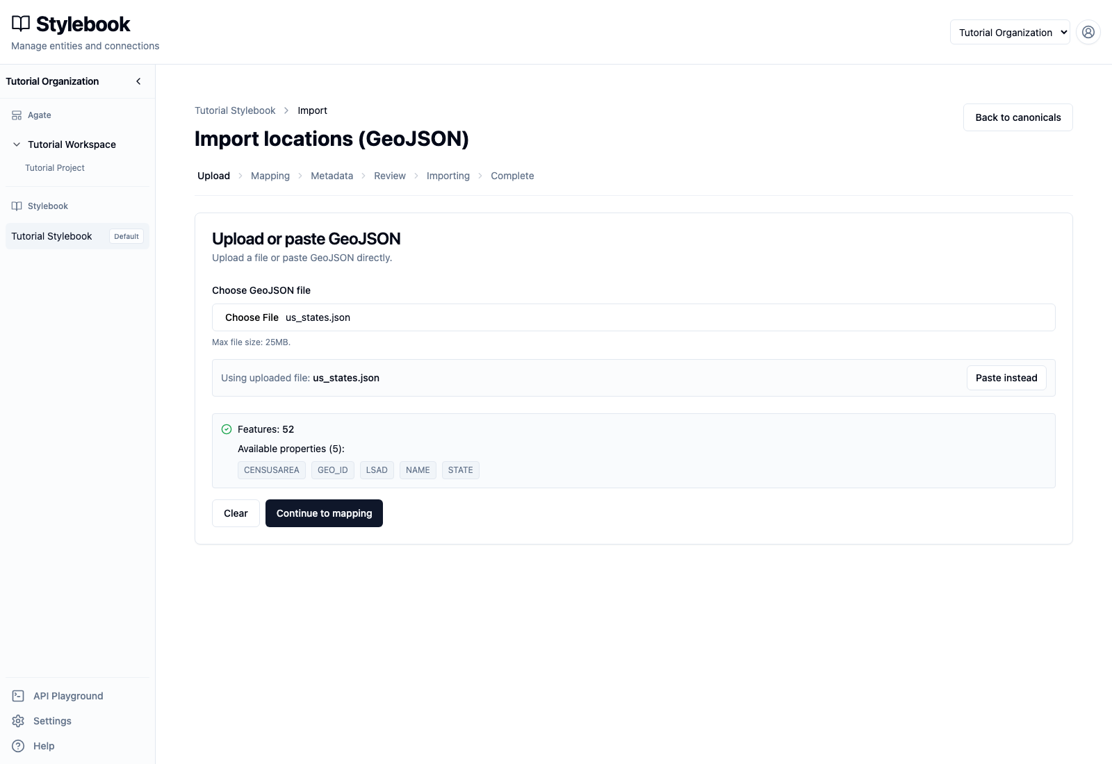 Validated GeoJSON with 52 features and five available properties