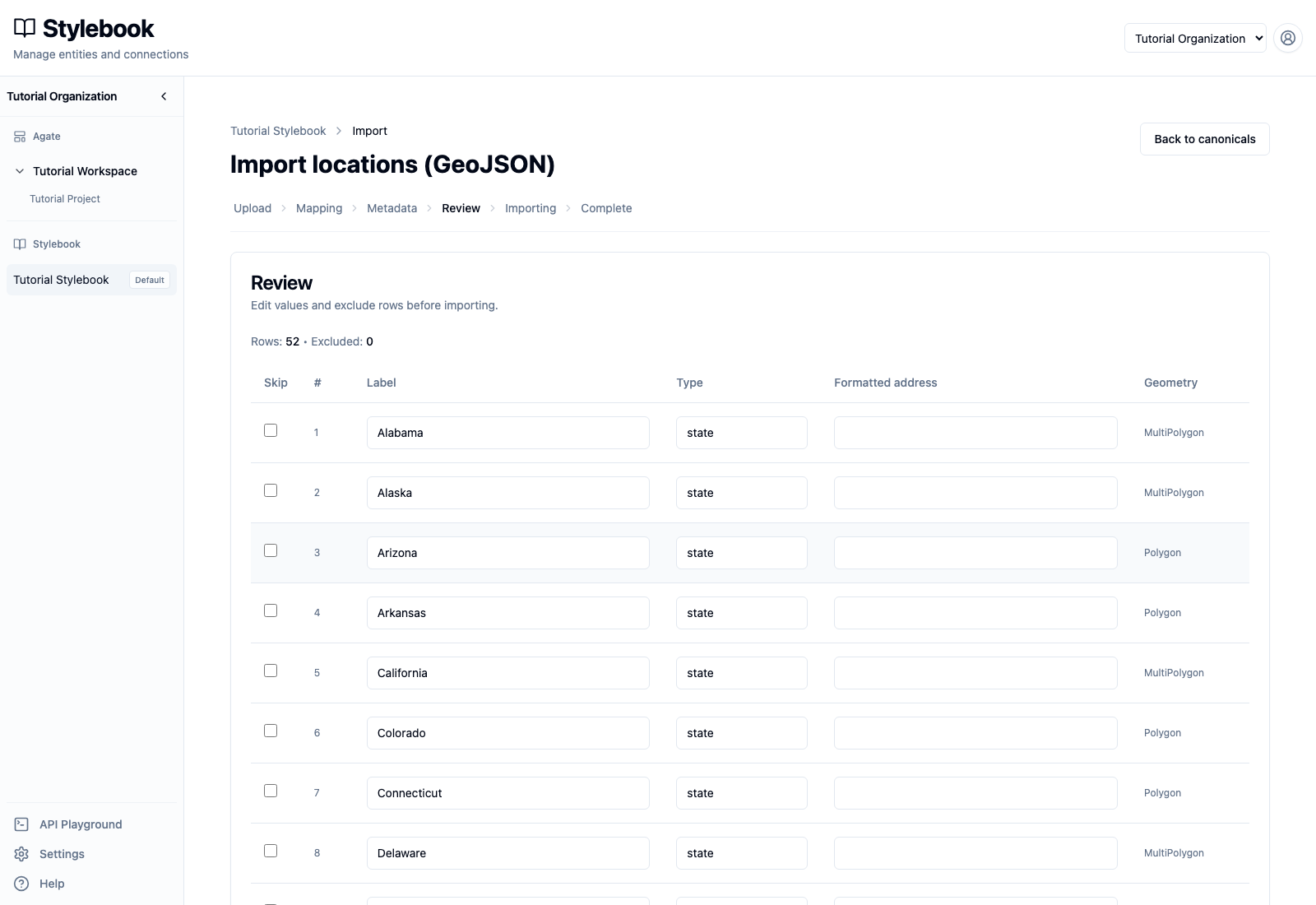 First state records on the import review screen