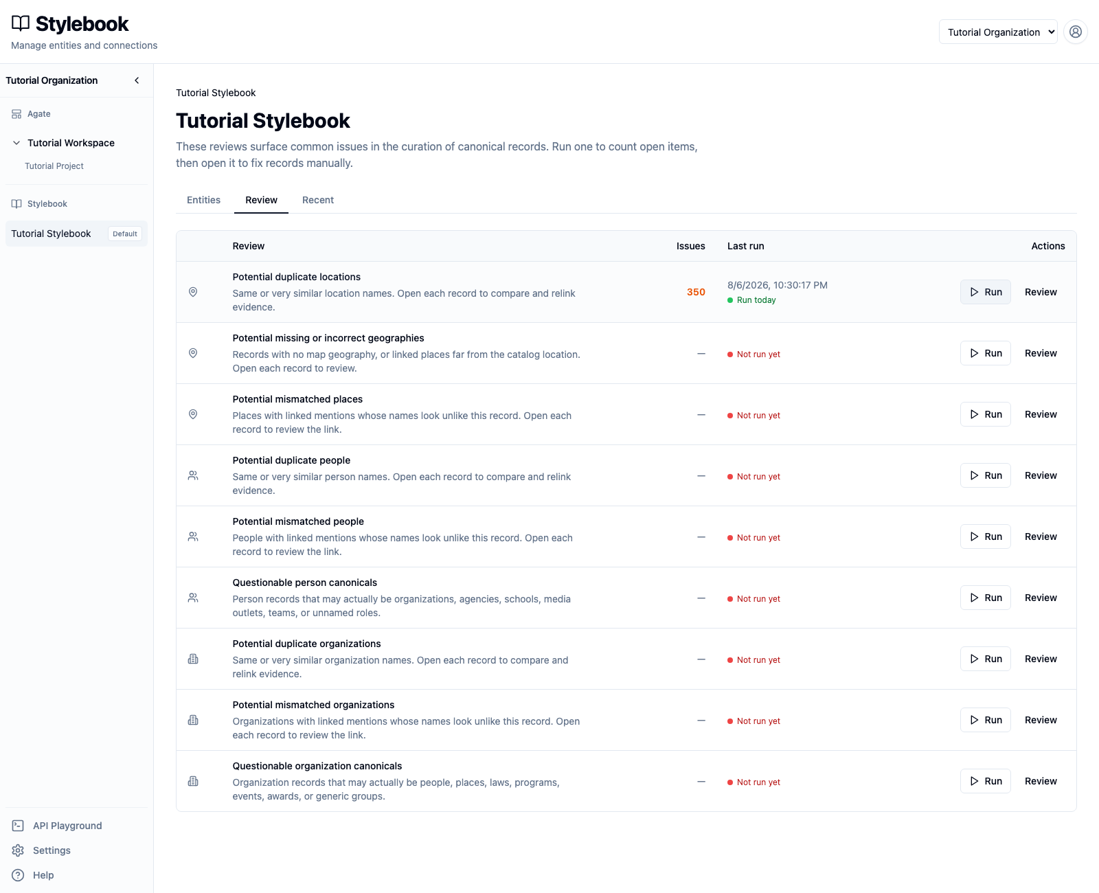Completed duplicate-location review with issue count and run time