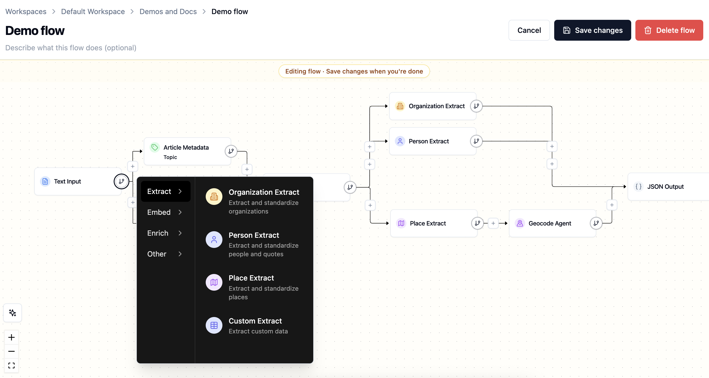 Flow builder menu for adding extract, embed, enrich, and other nodes