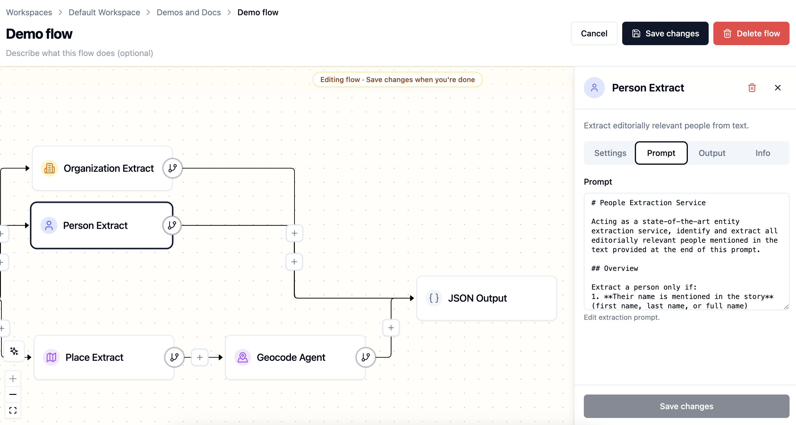Person Extract node settings panel showing prompt configuration