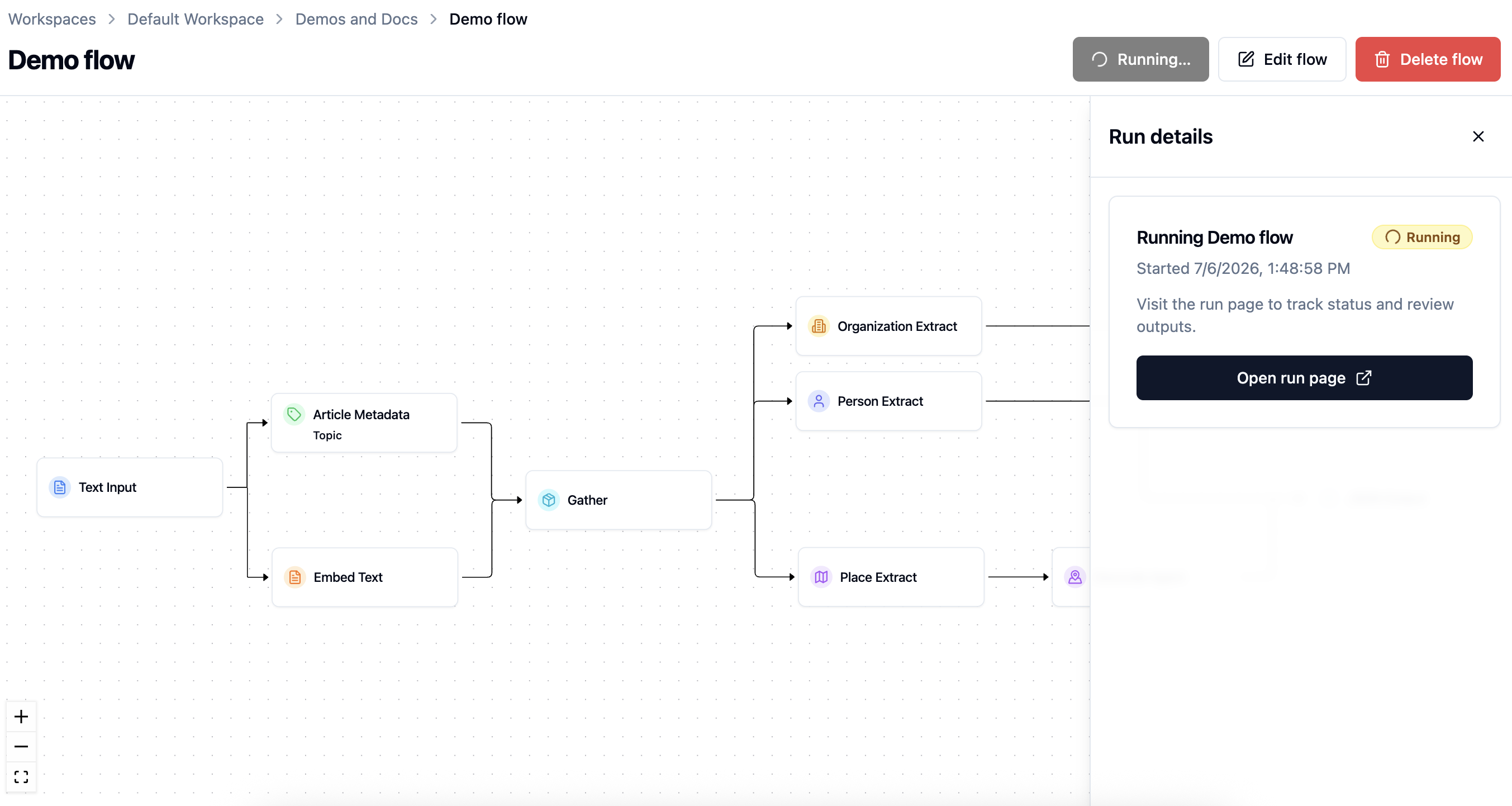Run details drawer showing the demo flow running