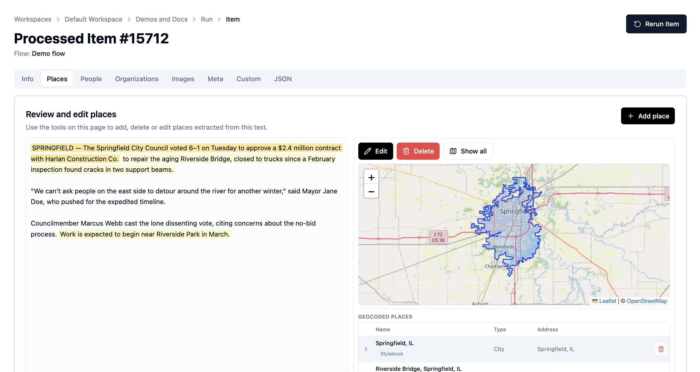 Places tab showing highlighted location mentions, a map, and geocoded places