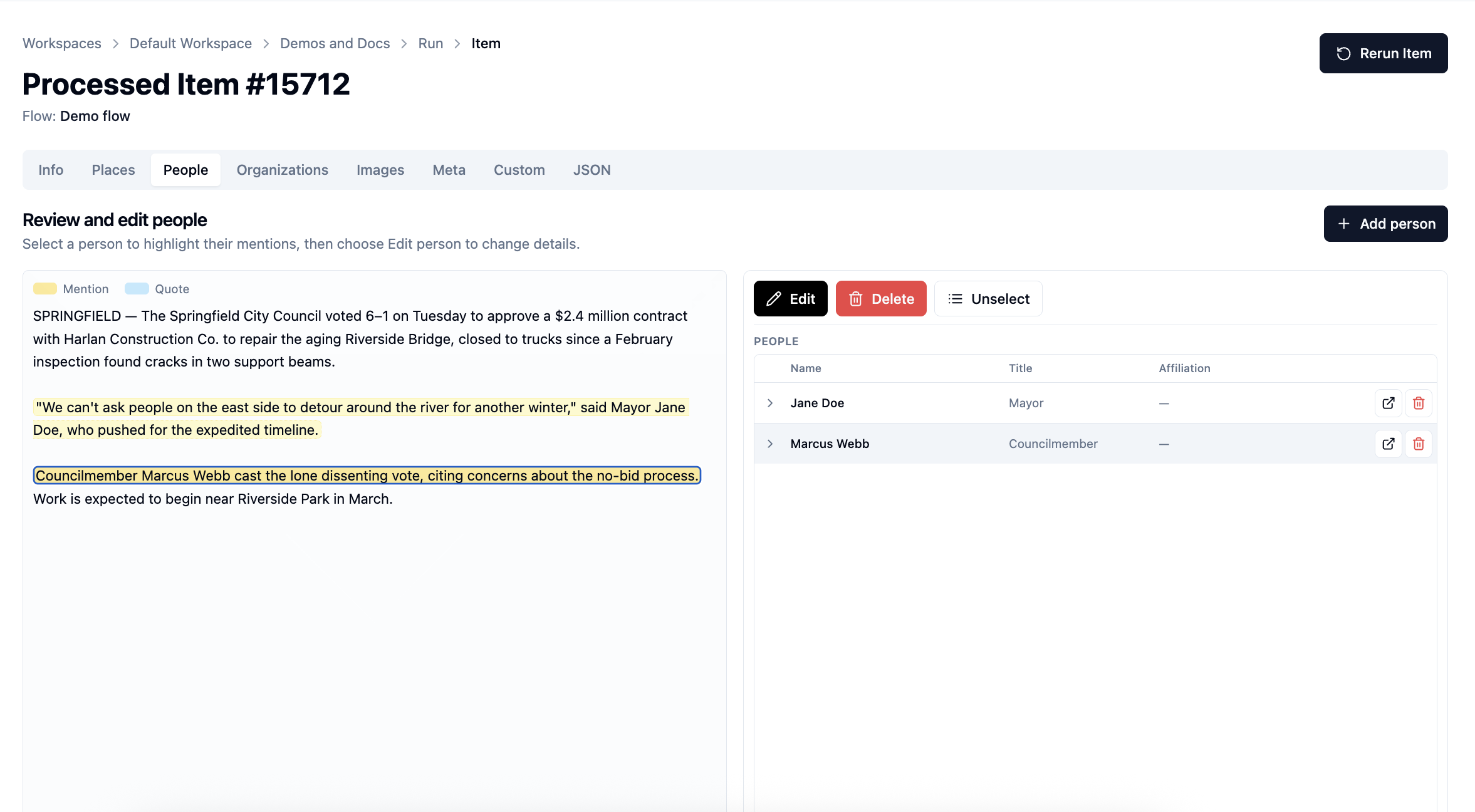 People tab showing highlighted people mentions and extracted person rows