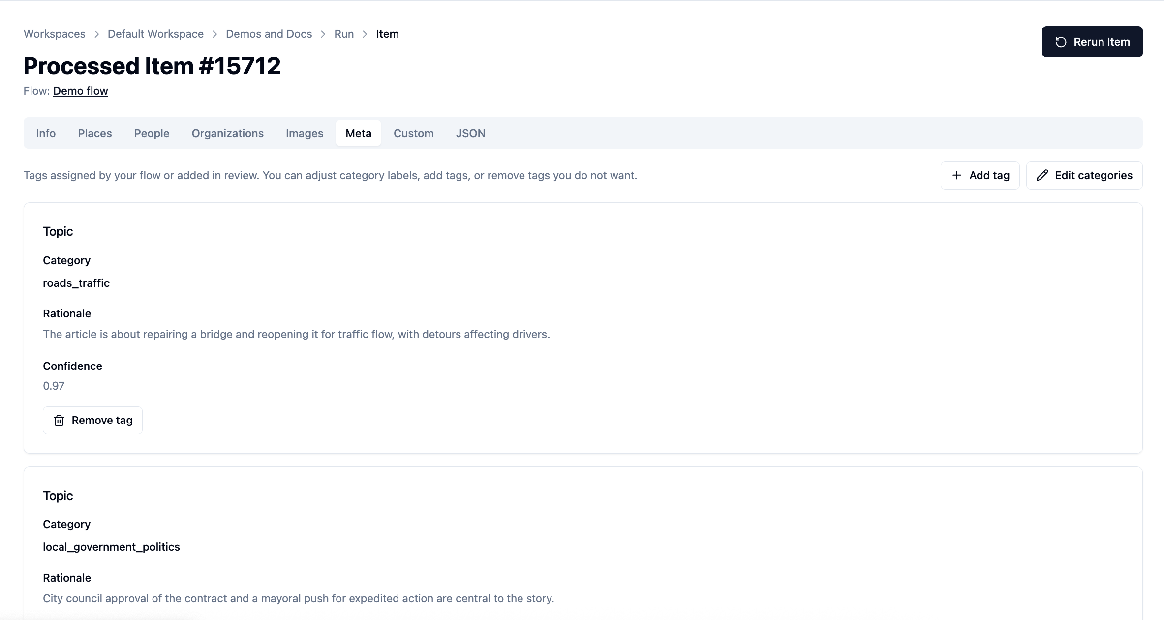 Meta tab showing topic tags, rationale, and confidence
