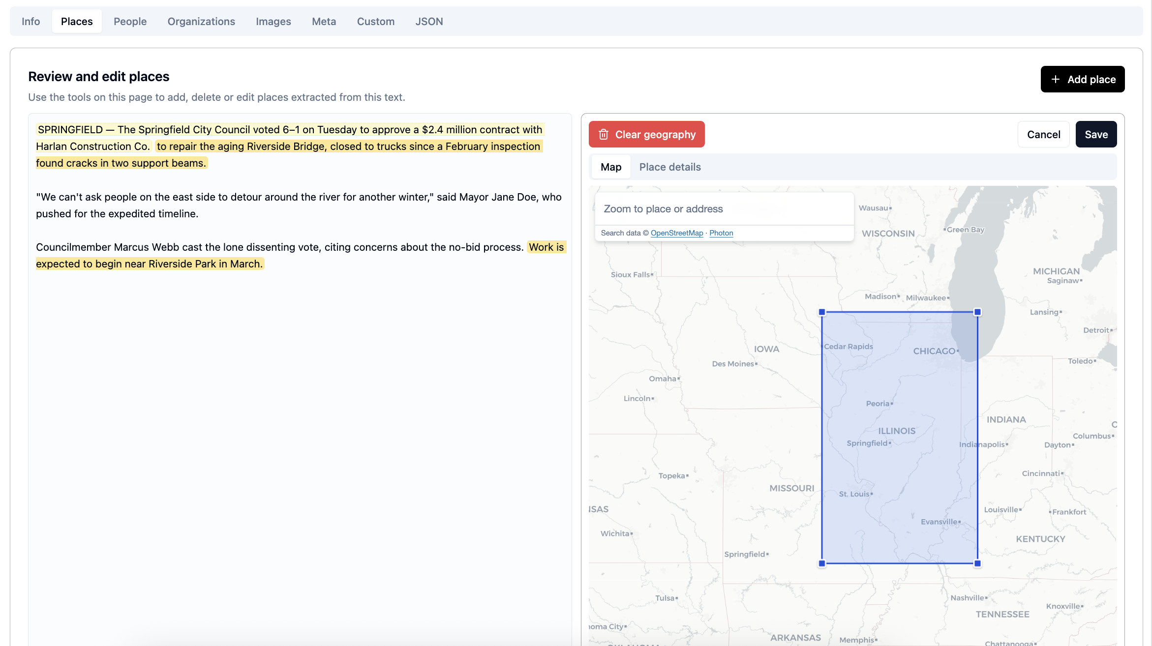 Places review screen showing an editable map shape for a geocoded place