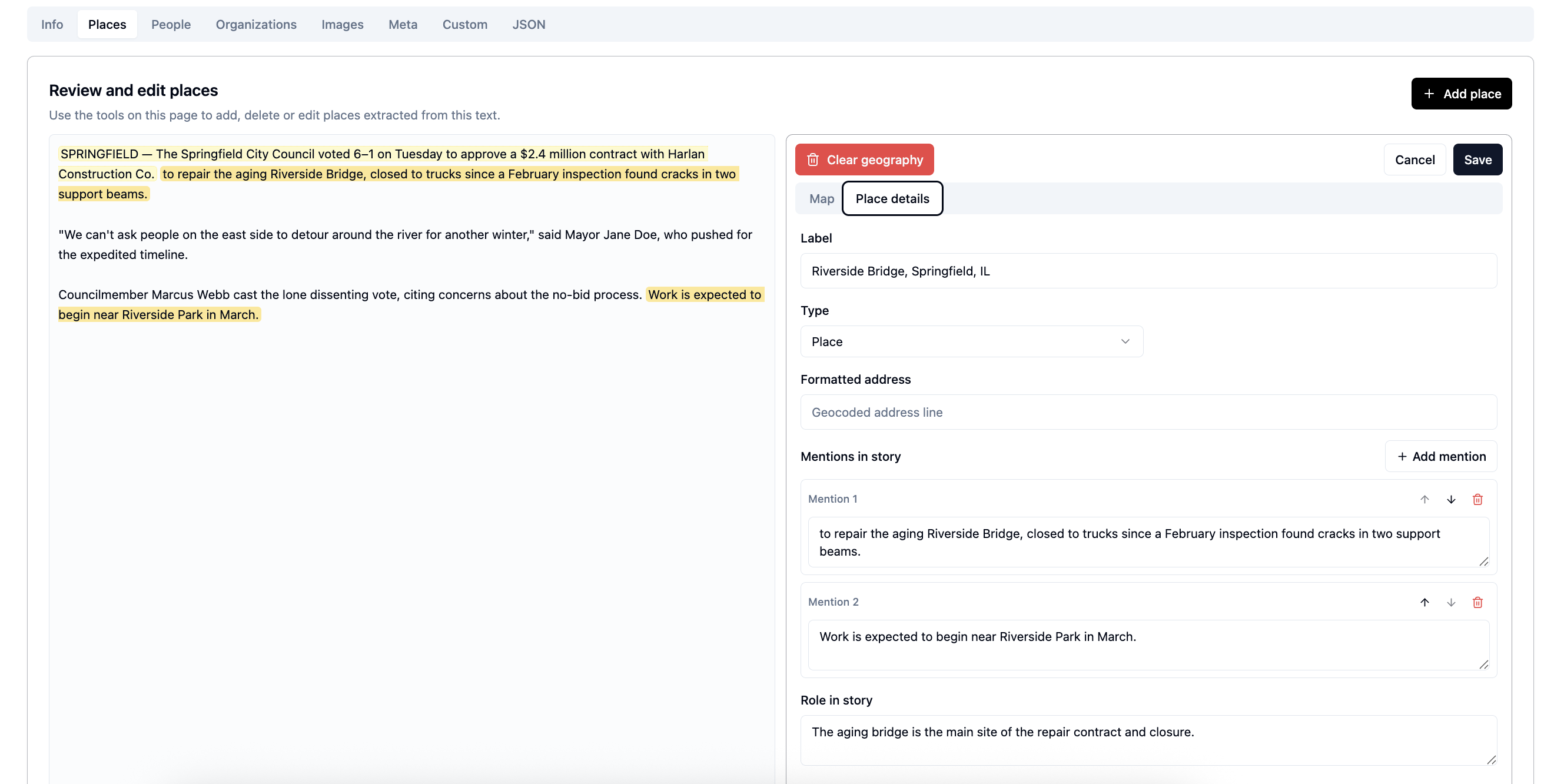 Places review screen showing editable place label, type, mentions, and role in story