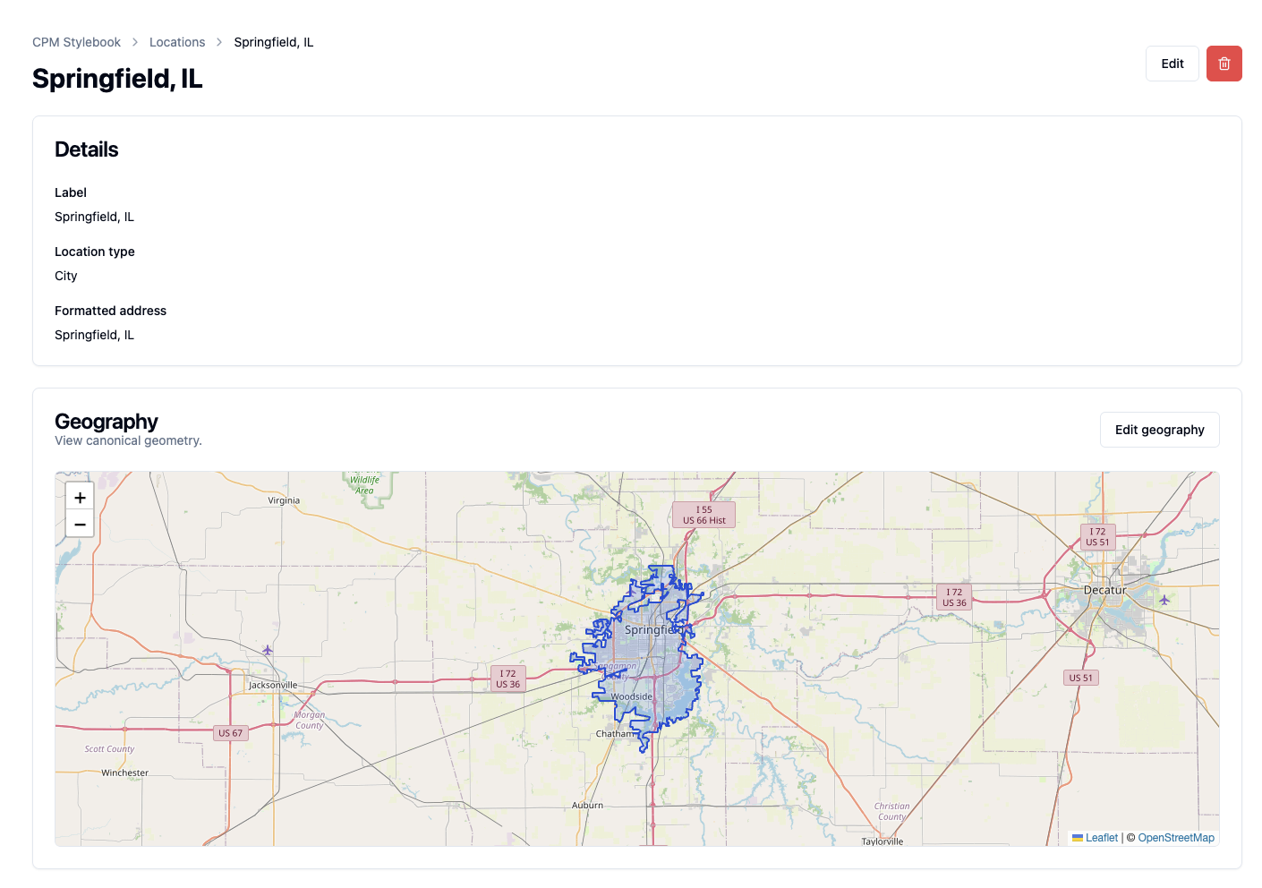 Stylebook canonical location page showing details and map geometry for Springfield, IL